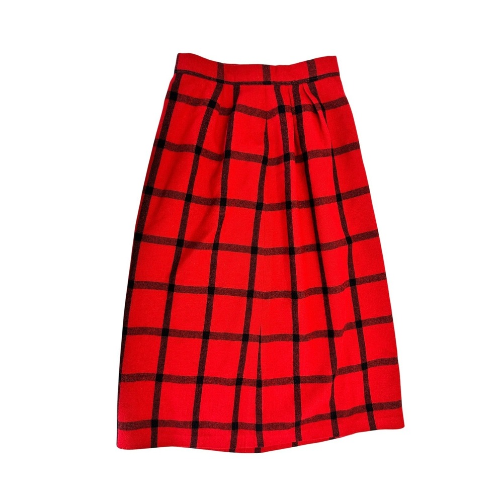 Vintage 70s 80s Plaid A-Line Midi Skirt Red Black Wool Blend Small High Waist